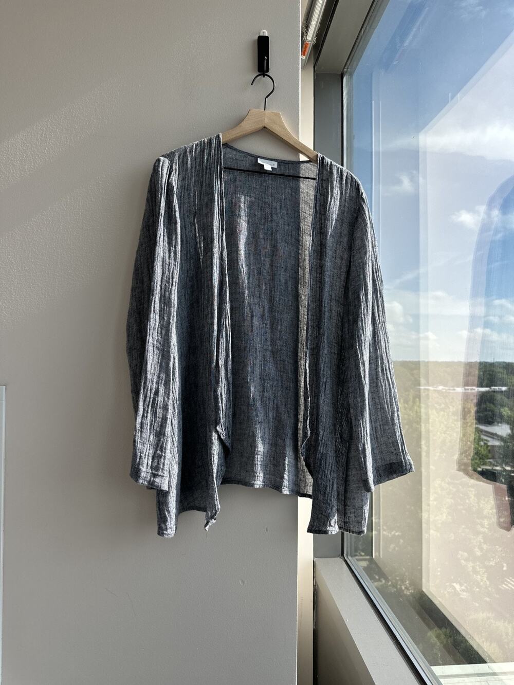 J.Jill Pure Jill Linen Crinckled Open Long Cardigan Heathered Gray Light Sz M
